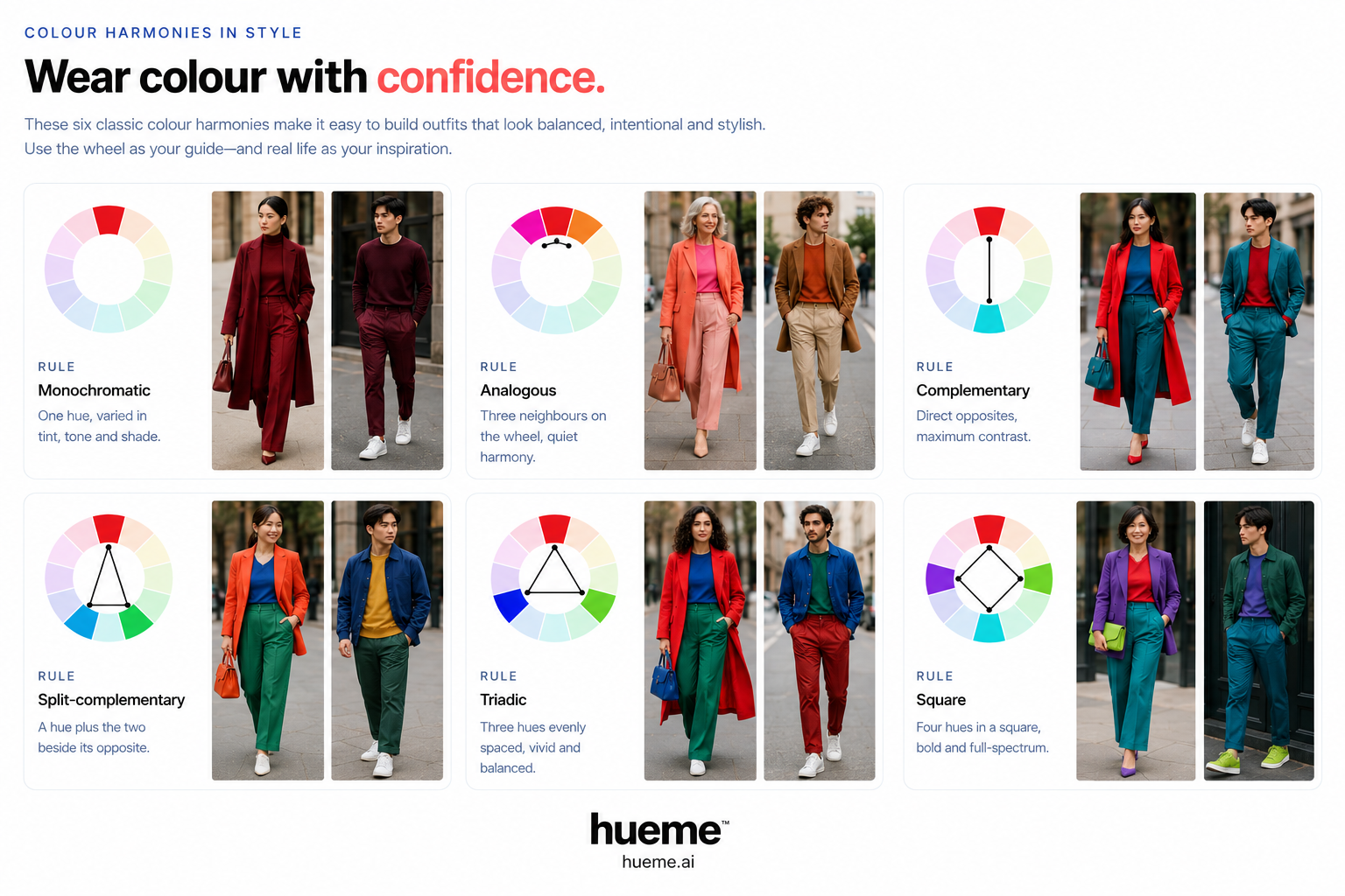 Six colour harmonies shown on the wheel and worn as outfits — monochromatic, analogous, complementary, split-complementary, triadic and square.